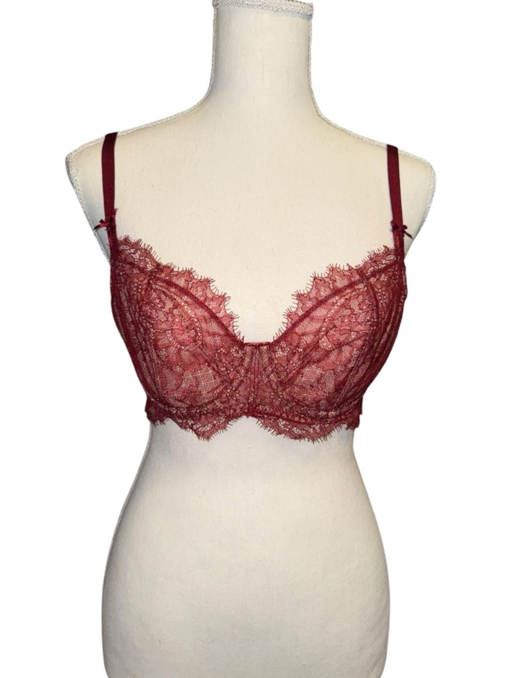 Victoria’s Secret Dream Angels push up, unlined lace, wine/nude sheer 32dd
